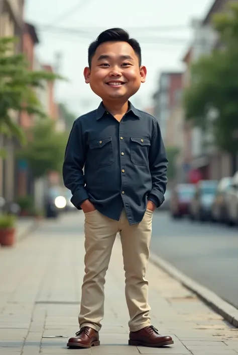 Caricature 4D.  indonesian man 30 years old . short hair standing .round face.  wears long sleeve shirt dark blue color cream color jeans. leather shoes .  standing on sidewalk facing camera . realistic focus .