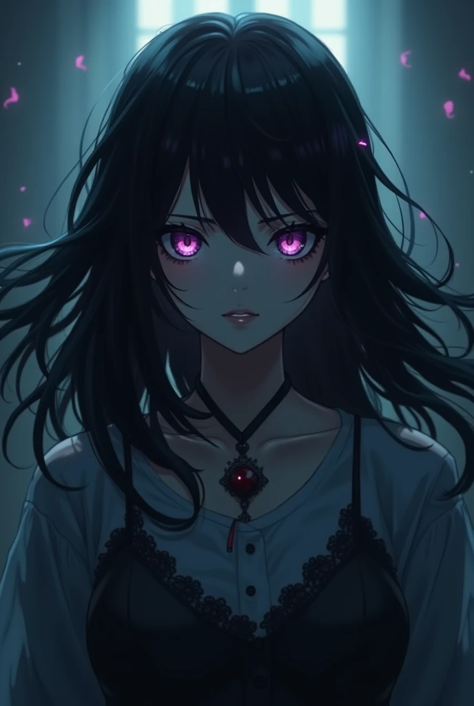 Oc from anime girl with black hair and purple eyes scaring 