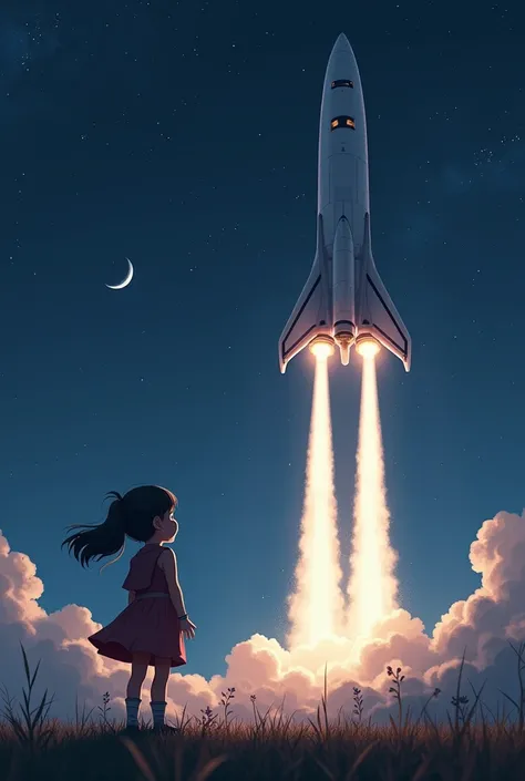 The girl looked up at the spaceship that was launching into the starry sky.