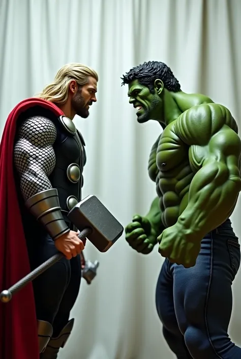 Thor is holding the hammer while standing opposite the hulk, white curtain background, everyone is angry,