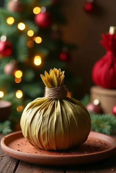  Create a photo of a typical Tolima product called Tamal Tolimense ,  which is made of a banana leaf and the tie is done leaving the product below and in the shape of a ball,  with a tie at the top , and the background must be Christmas 