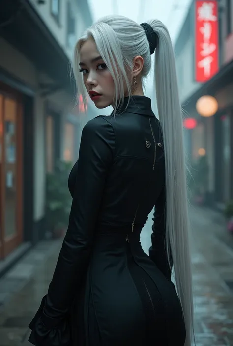 Girl from korean, wear theme black witch modern and name Ceekguu at back, hair ash white long