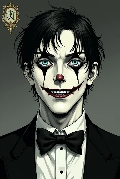 One man. Man has dark hair short but floppy, man has blue eyes, man is wearing tuxedo, man has white face, man has black triangles on bottoms and tops of his eyes, man is smiling with teeth, evil. Junji Ito art style. Says “RichClown” in the top left corne...