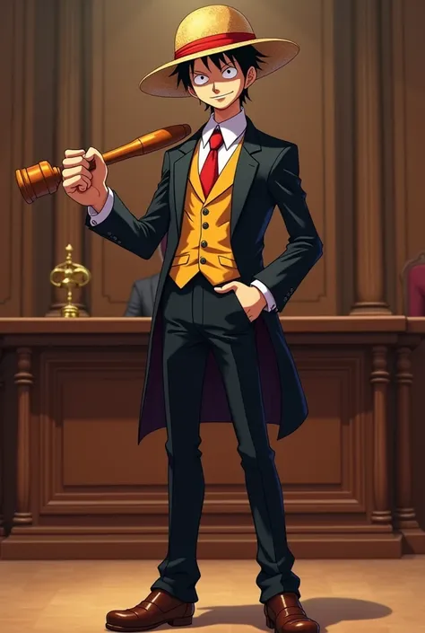 Make Luffy dressed as a lawyer with a judges deck in his hand 