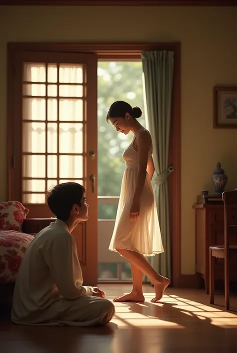 A 35-year-old Korean woman, very beautiful, with a sexy but not overly voluptuous body, wearing a 1950s-style nightgown, barefoot, enters a room in a 1950s-style house, where a 19-year-old Korean man, dressed in pajamas, looks at her while he is sitting on...