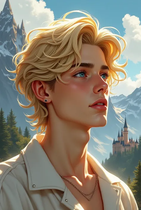 (masterpiece),(best quality), illustration, (fantasy:1.4), perfect male face, solo, cute detailed digital art, beautiful face, golden hair, castle, mountain, a young man, , paper_cut