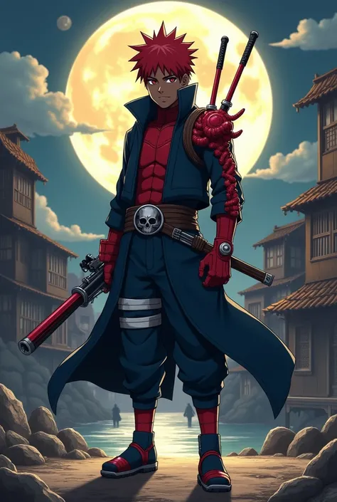  creates a full-body image in an action pose of a male version that wears armor on the shins,  wears a skull as a shoulder pad and a tactical steel chest over his clothes that mixes the bandanda mask of Tobirama Senju mixed with the clothing and hair style...