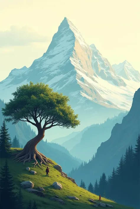 Prepare card corner design for A4 with Mountain: A symbol of immovability and enduring faith and Tree with Deep Roots: Reflecting stability and loyalty.