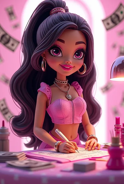 Bratz girl manicurist , white and pink background with 100 dollar bills dark hair chubby dark eyes 