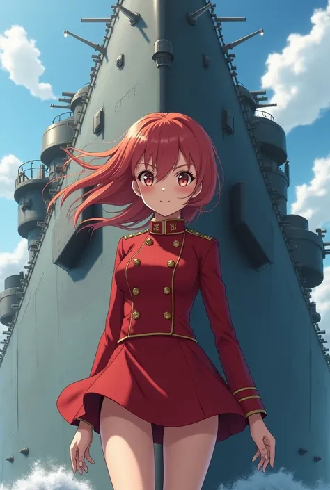 Gadis Anime Kapal Perang Bismarck, Seragam Merah, Background Kapal Bismarck