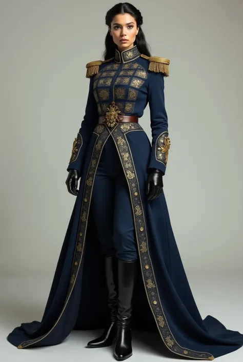 " An imposing and majestic woman standing with confidence ,  dressed in military and royal attire .  The uniform is an elegant navy blue color with gold embroidery ,  ornate buttons and epaulettes on the shoulders .  She wears a long, flowing coat with int...