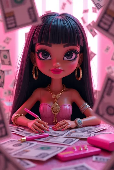 Bratz girl manicurist , white and pink background with 100 dollar bills dark hair chubby dark eyes round face straight hair chubby without fringes