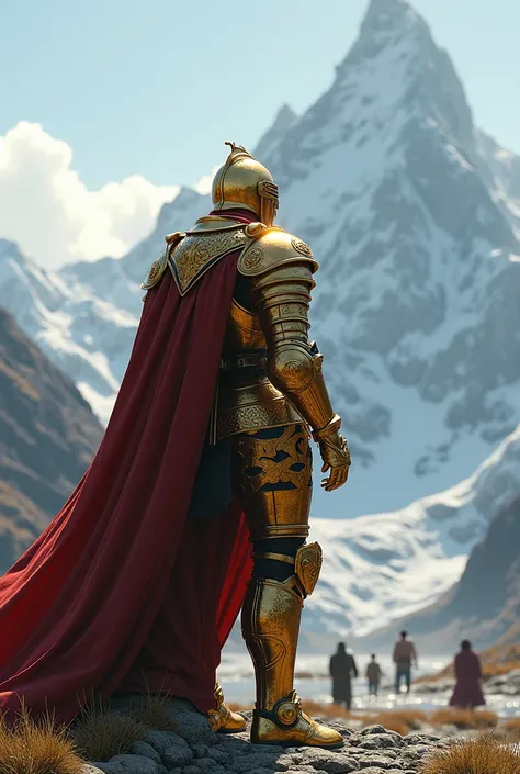 knight, mountains, Epic with people Alabandolo,  golden armor, realistic, High detail