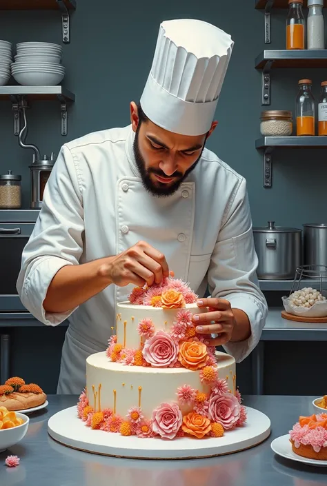 Generate a painting of a cheif working on cake