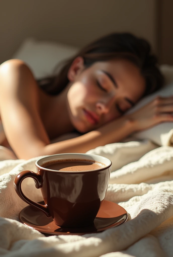 Chocolate cup on a beautiful bed in the background a woman sleeping in a deep sleep