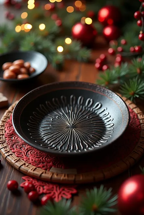 Dark Pando plate on a table decorated with Christmas elements