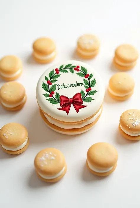 A round Christmas logo on white alfajores that looks realistic and with a title Dulceaventura 