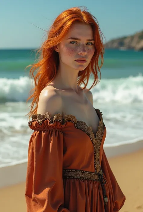  a red-haired woman dressed in medieval clothes posing naked as a character, on a beach