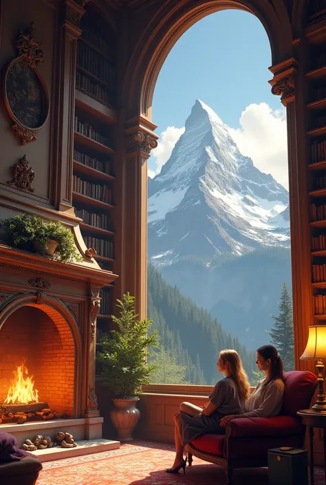  cozy library with fireplace with a big window and Mountain View with a couple of woman