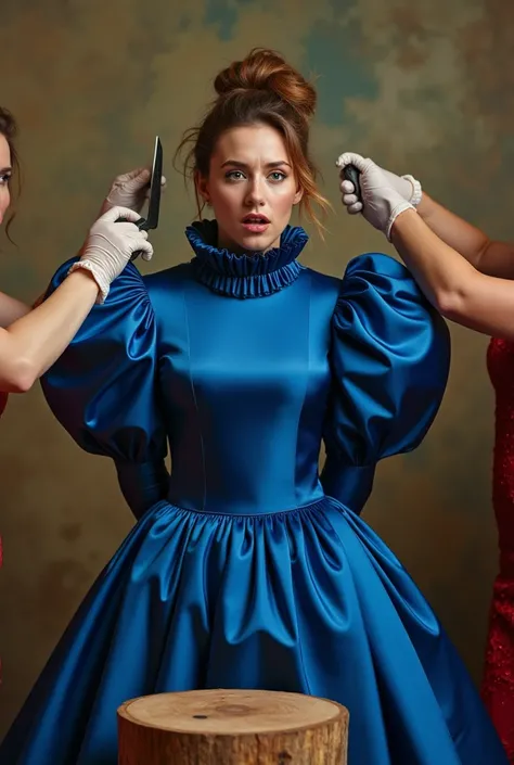 (realistic photograph sideways close up), (a smiling surprised beautiful Caucasian lady with (messy hair bun), she is bending down and wearing a (excessive shiny cobalt silk dress with (long gigantic puff sleeves), (and with an ultra high tight stand-up co...