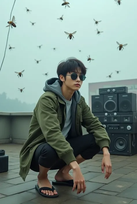 Japanese male, 20 years old, army green parka jacket with a hoodie on his head,Casual gray t-shirt as the undergarment,Round sunglasses,Black 3/4 pants, flip flops,Posing squatting on a simple tiled roof typical of Indonesian houses,Put all five fingers on...