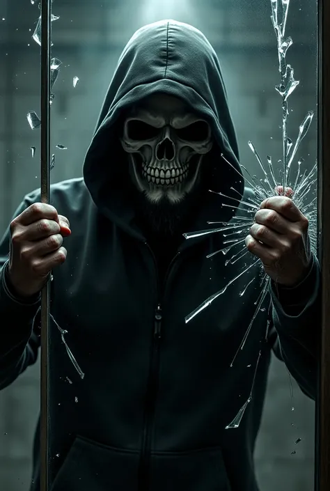 Silhouette of a bald man with a beard, wearing a skull mask, wearing a black hoodie, punching through glass