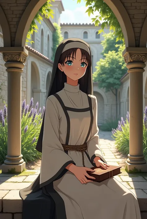 Anime French monastery cloister of the 16th century, summer afternoon, (anime girl) beautiful young nun of 19 years old sitting on a stone bench under an arch of limestone columns. Her face is a poem of delicacy: oval, wide and smooth forehead, high and ro...