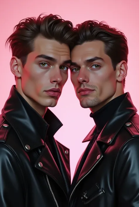  image of a pair of medium-light skinned men ,  olive green eyes and brown hair , black leather jacket dresses ,  one with a cold expression and the other with a sarcastic expression and a smile,  pastel pink color palette   