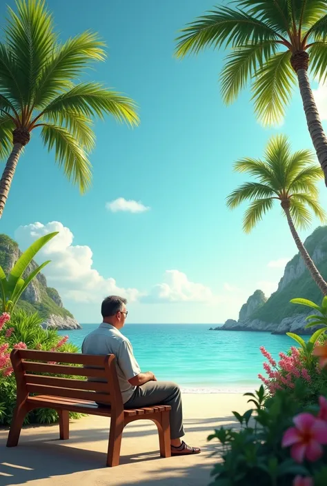 A man sitting on a bench in paradise