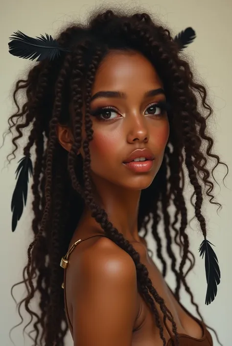 A young woman with dark brown rebellious curly hair long at the height of her hips, with a few dreadlocks in her hair and sometimes feathers adorned her hair, which are black, big eyes, black, long eyelashes, abundant black, thick eyebrows, small and spatt...