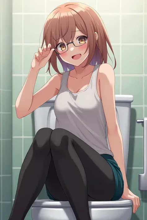 anime, black leggings, glasses,  sit toilet, happy,