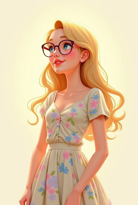 
"Create a digital illustration of a blonde-haired woman with soft, wavy hair, wearing a modest floral dress in pastel tones. She has large, kind eyes and glasses, exuding grace and a serene, faithful demeanor. The art style is semi-realistic with smooth t...