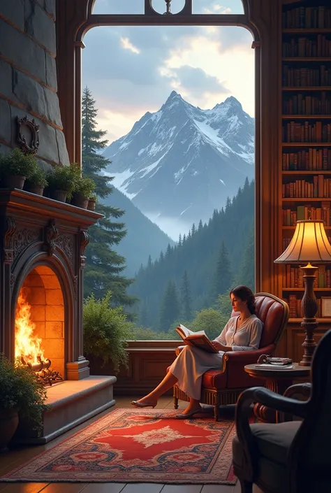 cozy library with fireplace with a big window and Mountain View with a couple of woman