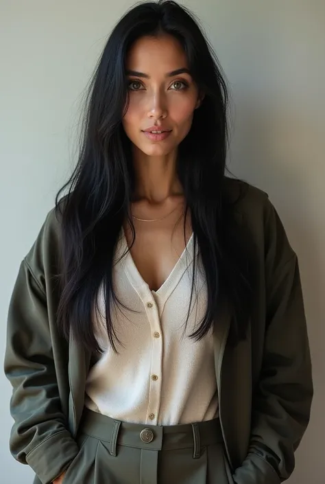 40-year-old green-eyed woman with black hair.  pale skin . wearing pants, sweater and coat .  Long hair , straight. without makeup. confident,  Beautiful.