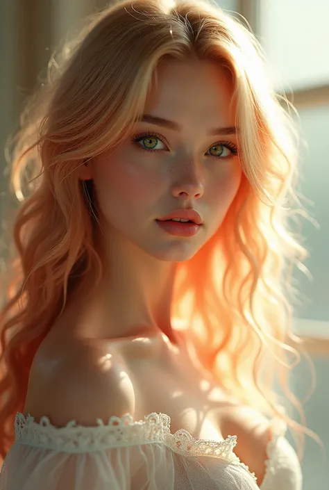  Create a girl who is very beautiful.  With blond hair and red strands , green big eyes ,  delicate white skin and big breasts  