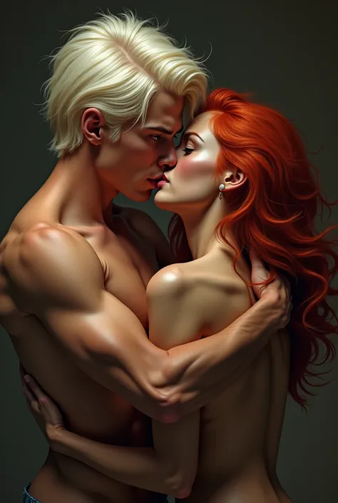 Generate the image of a man with platinum hair kissing a red-haired woman possessively, him holding her neck.