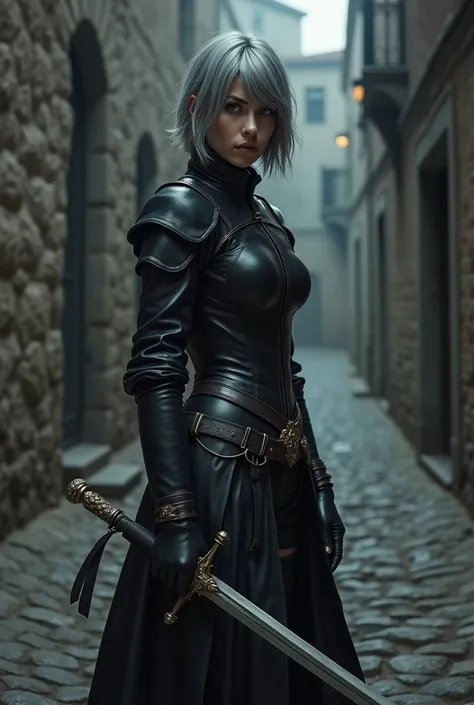 medieval female assassin in leather armor and short gray hair with a rapier in her hand