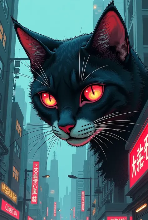 An old cyberpunk manga style cat head with four eyes