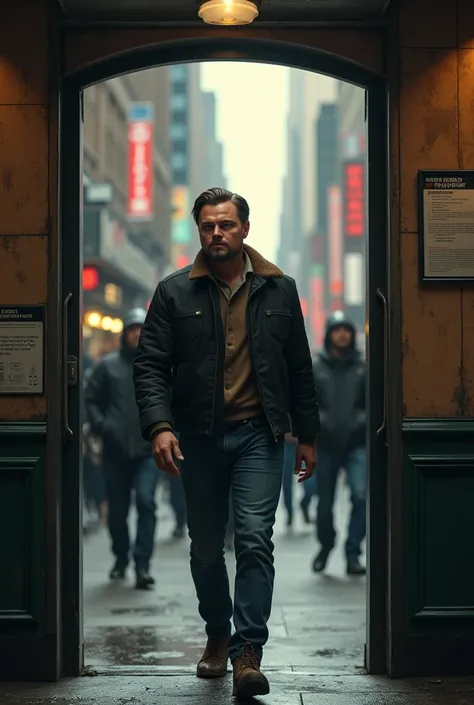 create for myself an image of leonardo dicaprio leaving the subway, the camera looks great, 8k, realistic