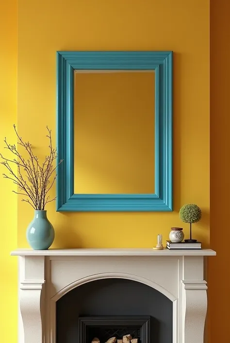 Create an image of a yellow wall above  a fireplace  and in this wall a mirror with a mirror with the frame blue tourquoise