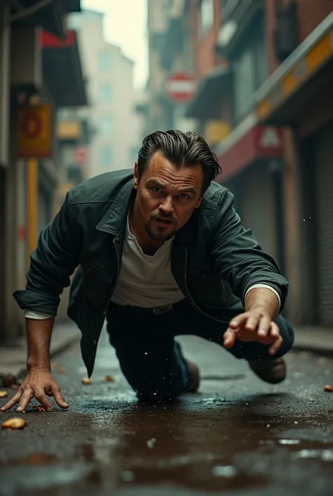 create for me an image of Leonardo Dicaprio falling to the ground, the camera looked great, 8k, realistic