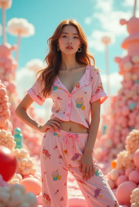 Masterpiece, A stunning beautiful Taiwanese female model, 24 years old, with wavy chestnut hair, dressed in a unbuttoned candy-print pajamas and matching pants, adorned with silver loop earrings, stands on a floating island made entirely of candy and sweet...