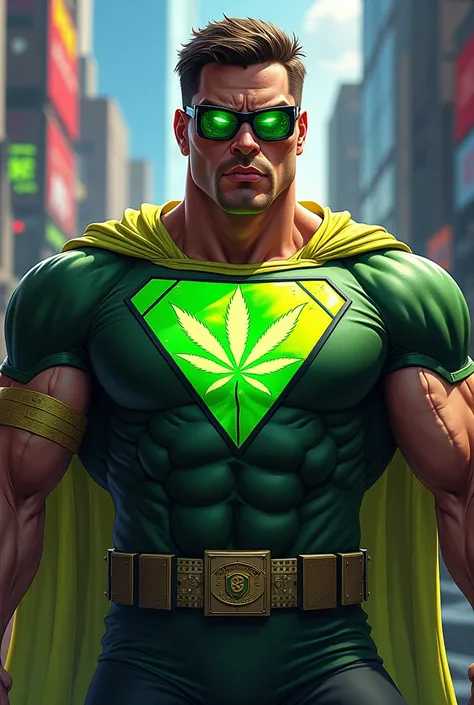 Superhero with marijuana symbol on his chest 