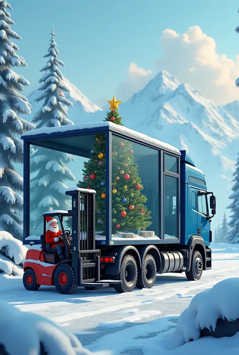 Christmas tree with christmas decoration  inside a blue glass heavy truck in Laplandia scenery , chrismas elve on forklift comming for the tree