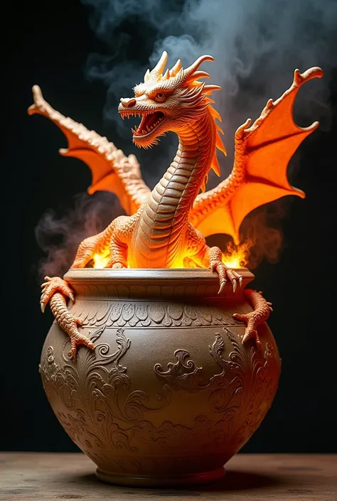 Sculpture made with fire,  dragon in a pot