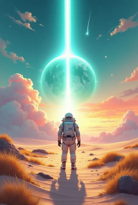 Digital painting, a man stands on sandy path in vast desert, facing a turquoise planet emitting white light beam towards him, space suit detailed, shadow cast long, horizon alight with sunrise or sunset colors, sky transitioning from deep blue to vibrant o...