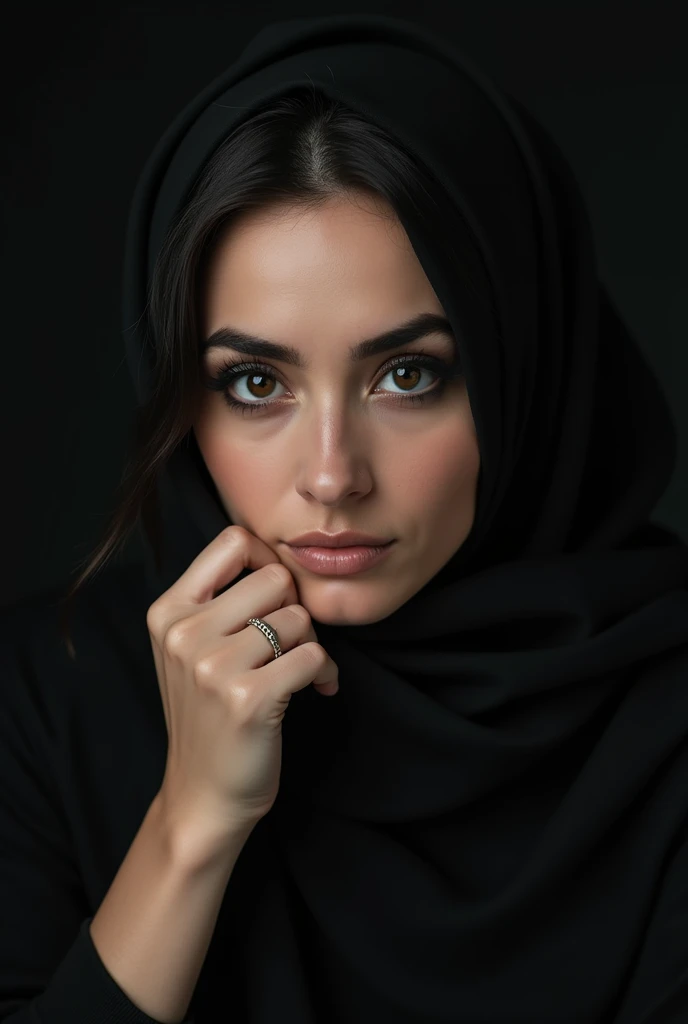 Photo of Iranian womans face with black eyes and eyebrows with her right hand under her chin