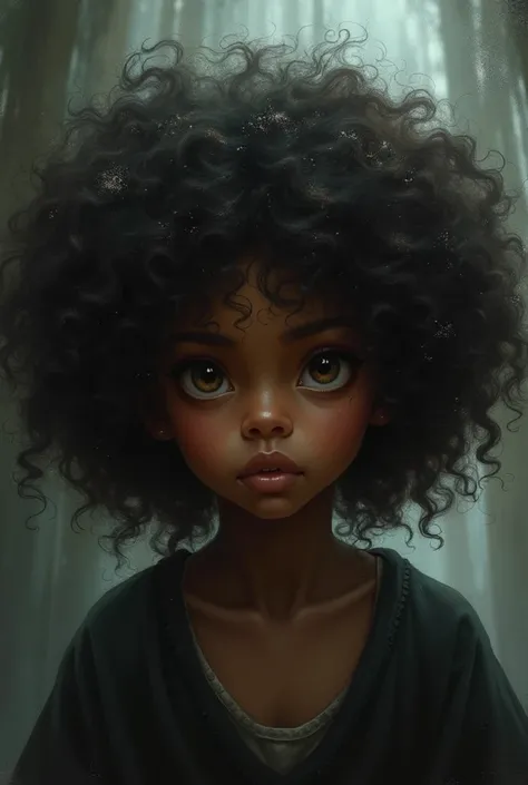 Create one with curly hair and brown eyes and dark skin in dark fantasy style 