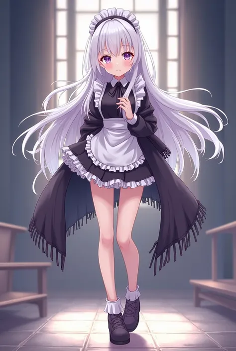 Maid Suit Miniskirt Long Sleeve White Hair Purple Eyes Shawl Shoes Beautiful Girl Anime