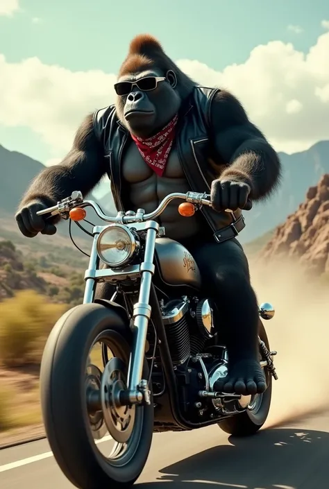 A giant gorilla, full of attitude ,  riding a powerful motorcycle .  He is standing on the bike ,  with strong hands firmly on the guide ,  and the posture demonstrates total control of the machine .  The gorilla wears a leather jacket , sunglasses and a b...